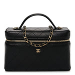 Goatskin Quilted Top Handle Slim Vanity With Chain Black