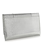 Metallic Calfskin Crocodile Embossed Hourglass Flap Flat Pouch Silver