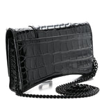Shiny Calfskin Monochrome Crocodile Embossed Hourglass Chain Bag Black