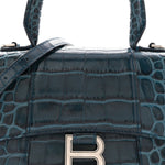 Shiny Calfskin Crocodile Embossed Hourglass Top Handle Bag XS Denim Blue