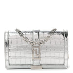 Metallic Crocodile Embossed Calfskin Greca Goddess Wallet On Chain Silver
