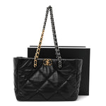 Lambskin Quilted Chanel 19 East West Shopping Bag Black
