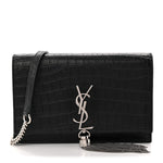 Calfskin Crocodile Embossed Kate Monogram Tassel Chain Wallet Black