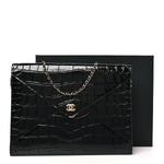Calfskin Crocodile Embossed Croc Illusion Clutch With Chain  Black