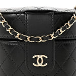 Lambskin Quilted Mini Round Vanity Case With Chain Black