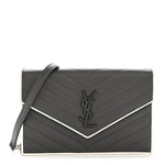 Grain De Poudre Matelasse Chevron Monogram Envelope Chain Wallet Asphalt White