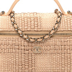 Braided Raffia Quilted Top Handle Slim Vanity Case With Chain Beige
