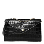 Calfskin Crocodile Embossed Envelope Clutch With Strap Black