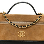 Suede Calfskin Shiny Lambskin Stitched Top Handle Slim Vanity With Chain Beige Black