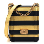 Metallic Lambskin Striped North South Boy Flap Navy Gold