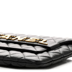 Calfskin Quilted Front Logo Enchained Clutch Black