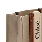 Linen Calfskin Medium Woody Ribbon Tote White Brown