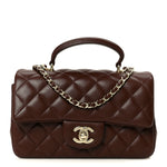 Lambskin Quilted Mini Top Handle Rectangular Flap Dark Brown