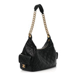 Shiny Lambskin Quilted Trendy Pockets Hobo Black