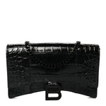 Shiny Calfskin Monochrome Crocodile Embossed Hourglass Chain Bag Black