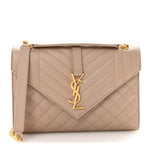Grain De Poudre Textured Mixed Matelasse Medium Triquilt Monogram Satchel Dark Beige