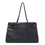 Metallic Grained Calfskin Medium Woven Chain Shopping Bag Black