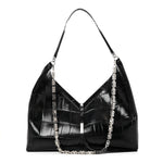 Calfskin Crocodile Embossed Large Cut Out Shoulder Bag Black