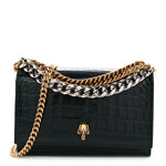 Glazed Calfskin Crocodile Embossed Small Skull Shoulder Bag Green