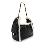 Crumpled Sheepskin Shearling Quilted Small Chanel 25 Handbag Black White