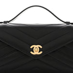 Lambskin Chevron Quilted Top Handle Envelope Clutch Black