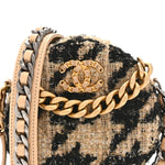 Wool Tweed Lambskin Quilted Chanel 19 Round Clutch With Chain and Coin Purse Beige Black