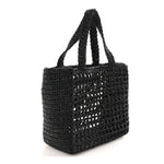Yarn Raffia Effect Crochet Logo Embroidered Small Tote Bag Black