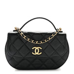 Shiny Aged Calfskin Quilted Top Handle Clutch With Chain Black