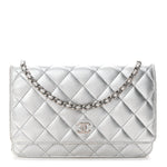 Metallic Lambskin Quilted Wallet On Chain WOC Silver
