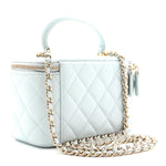 Lambskin Quilted Small Top Handle Vanity Case With Chain Light Blue