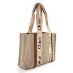 Linen Calfskin Medium Woody Ribbon Tote White Brown