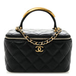 Lambskin Quilted Metal Small Top Handle Vanity Case With Chain Black