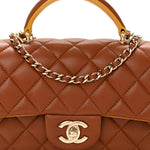 Lambskin Quilted Bi-Color Mini Top Handle Rectangular Flap Light Brown Yellow
