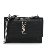 Calfskin Crocodile Embossed Monogram Sunset Chain Wallet Black