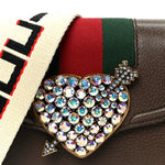 Textured Calfskin Web Crystal Heart Stripe Small Totem Shoulder Bag New Acero