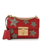 Calfskin Crystal Star Embroidered Small Padlock Shoulder Bag Hibiscus Red