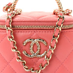 Lambskin Quilted Crystal Top Handle Mini Vanity Case With Chain Coral