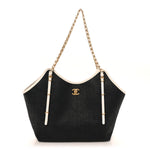 Calfskin Raffia Braided Small Shopping Tote Black White