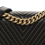 Lambskin Chevron Chain Stitched Small Boy Flap Black