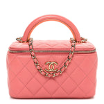 Lambskin Quilted Small Charming Top Handle Vanity Case With Chain Pink