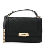 Grained Calfskin Quilted Medium Label Click Flap Bag Black