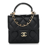Lambskin Quilted Top Handle Flap Clutch With Chain Black