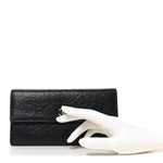 Lambskin Embossed Camellia Large Gusset Flap Wallet Black