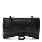 Shiny Calfskin Monochrome Crocodile Embossed Hourglass Chain Bag Black