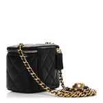 Lambskin Quilted Mini Pearl Crush Vanity Case With Chain Black