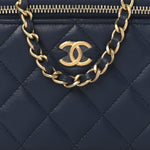 Lambskin Quilted Metal Small Top Handle Vanity Case With Chain Blue