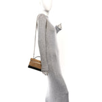 Suede Calfskin Shiny Lambskin Stitched Top Handle Slim Vanity Case With Chain Beige Black
