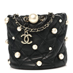 Lambskin Quilted Pearl Mini About Pearls Drawstring Bag Black