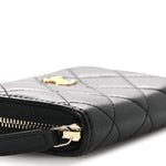 Lambskin Quilted CC Pearl Crush Zip Card Holder On Chain Black