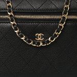 Goatskin Stitched Top Handle Slim Vanity With Chain Black